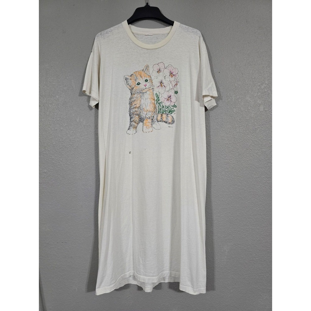 Vintage Cat Floral Graphic Sleepshirt Womens L White Short Sleeve Chemise